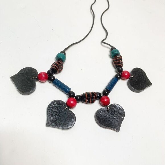 Handcrafted Chunky Ceramic Bead and Heart Four Pendants Necklace on Black Cord - Picture 3 of 3